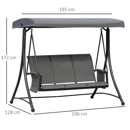 Hollywood Swing with Side Pocket, 3-Seater Garden Swing with Adjustable Sun Canopy, Swing Bench supports up to 300kg, for Garden, Terrace, 196 x 128 x 172 cm, Dark Gray