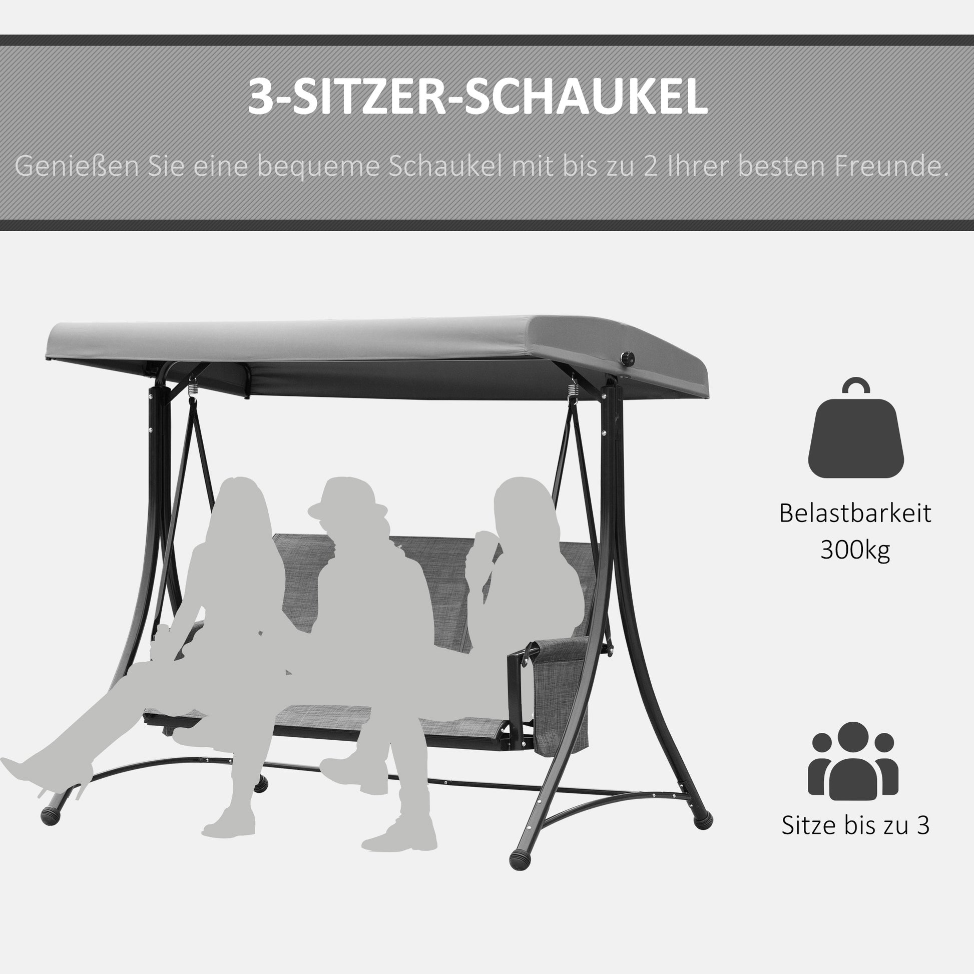 Hollywood Swing with Side Pocket, 3-Seater Garden Swing with Adjustable Sun Canopy, Swing Bench supports up to 300kg, for Garden, Terrace, 196 x 128 x 172 cm, Dark Gray