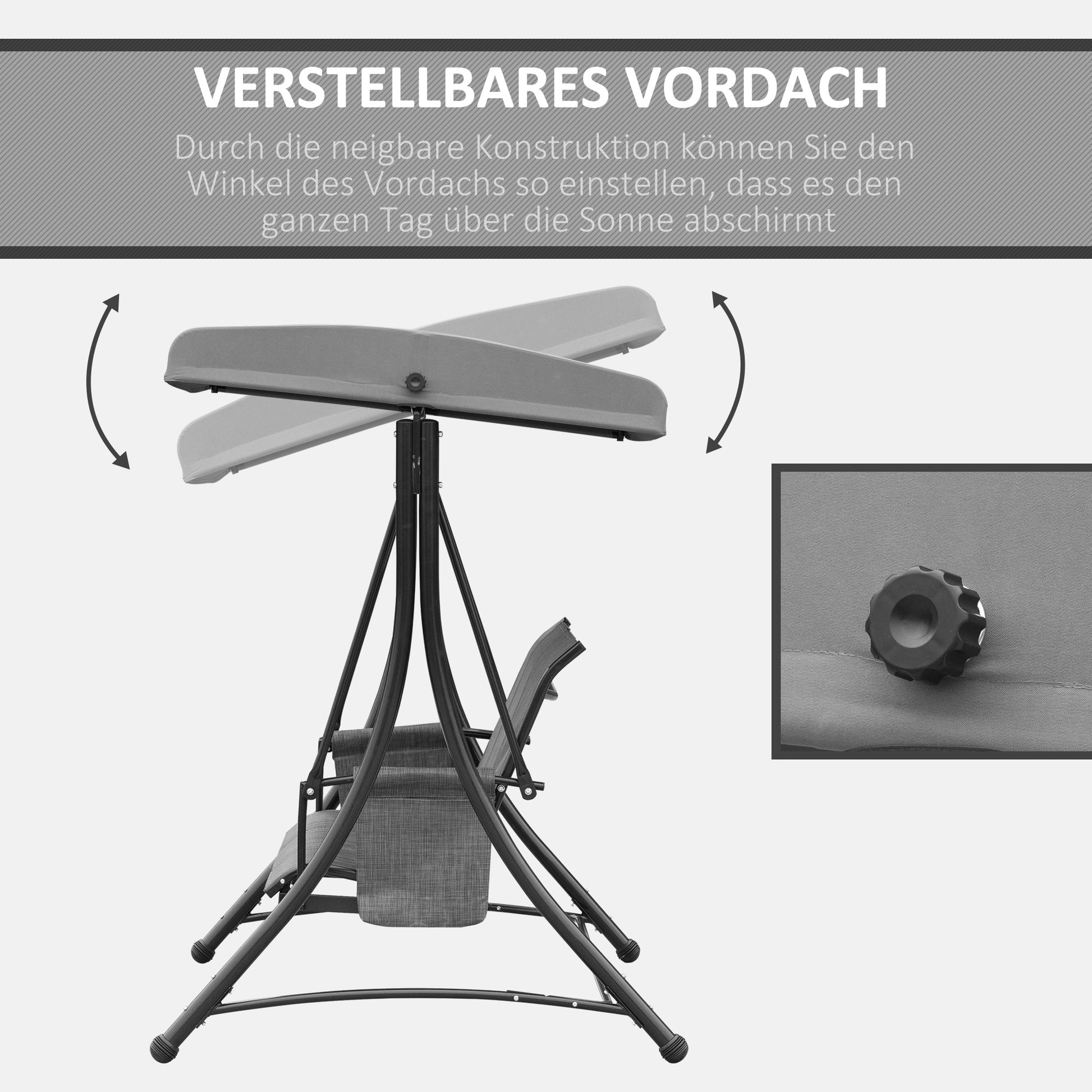 Hollywood Swing with Side Pocket, 3-Seater Garden Swing with Adjustable Sun Canopy, Swing Bench supports up to 300kg, for Garden, Terrace, 196 x 128 x 172 cm, Dark Gray
