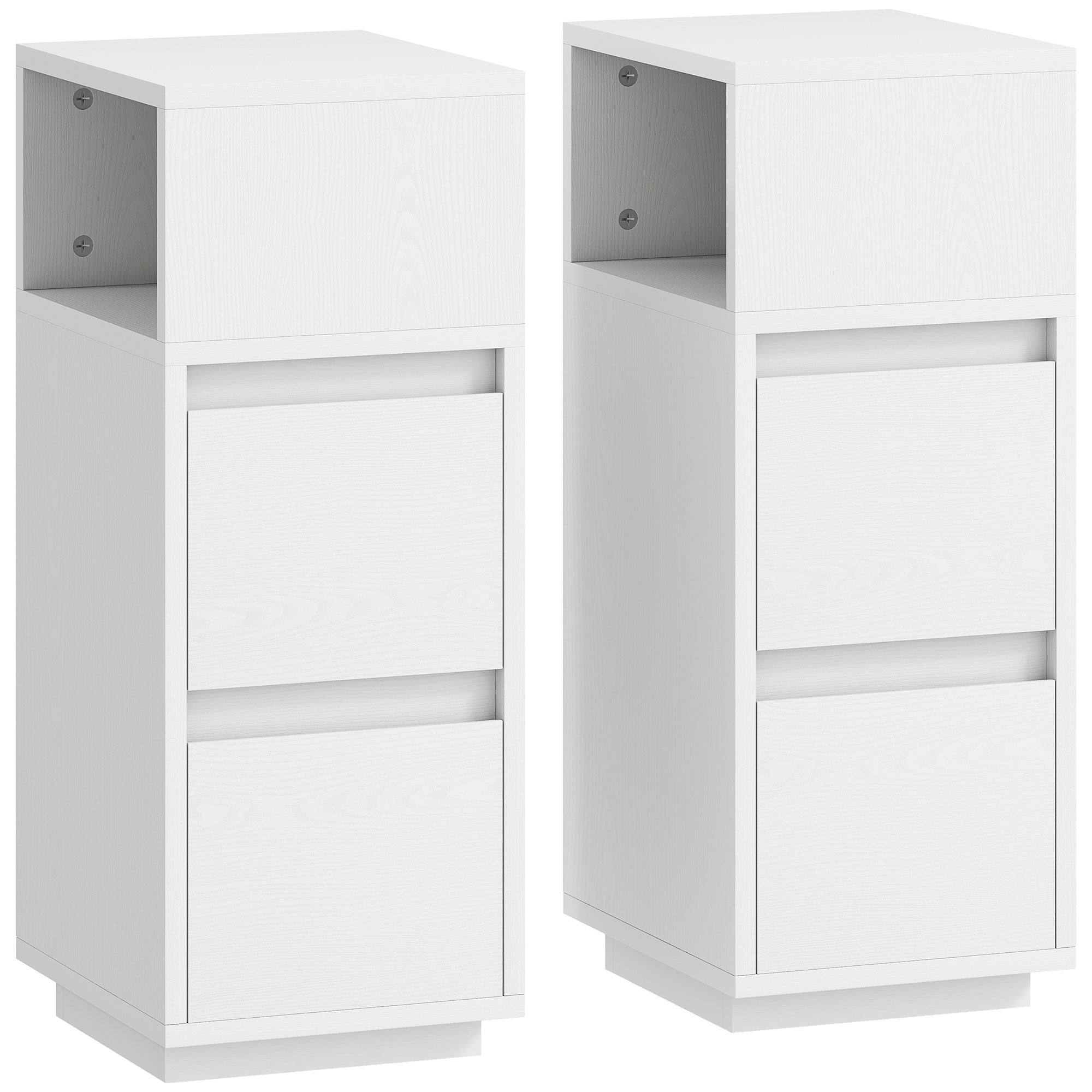 Set of 2 Slim Tall Nightstands with 2 Drawers & Open Shelf — Space-Saving Modern Bedside Tables for Bedroom & Living Room, 9.8x11.8x25.6 in, White