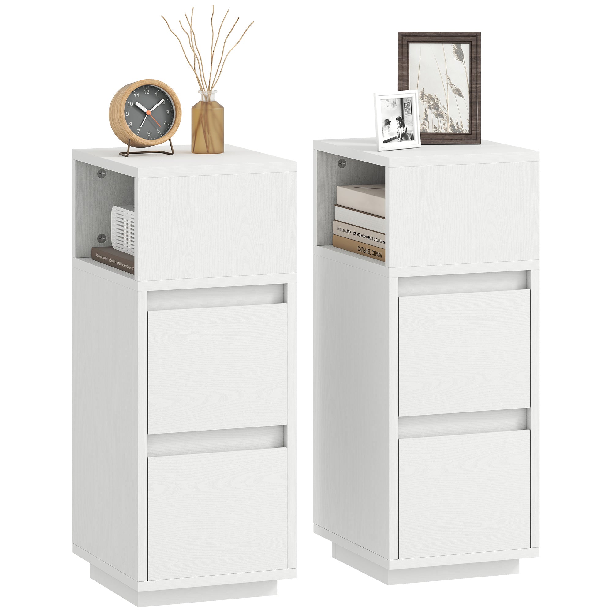 Set of 2 Slim Tall Nightstands with 2 Drawers & Open Shelf — Space-Saving Modern Bedside Tables for Bedroom & Living Room, 9.8x11.8x25.6 in, White