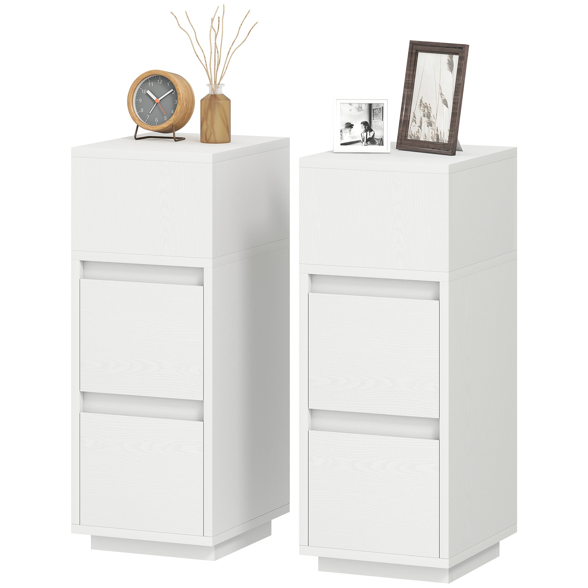 Set of 2 Slim Tall Nightstands with 2 Drawers & Open Shelf — Space-Saving Modern Bedside Tables for Bedroom & Living Room, 9.8x11.8x25.6 in, White