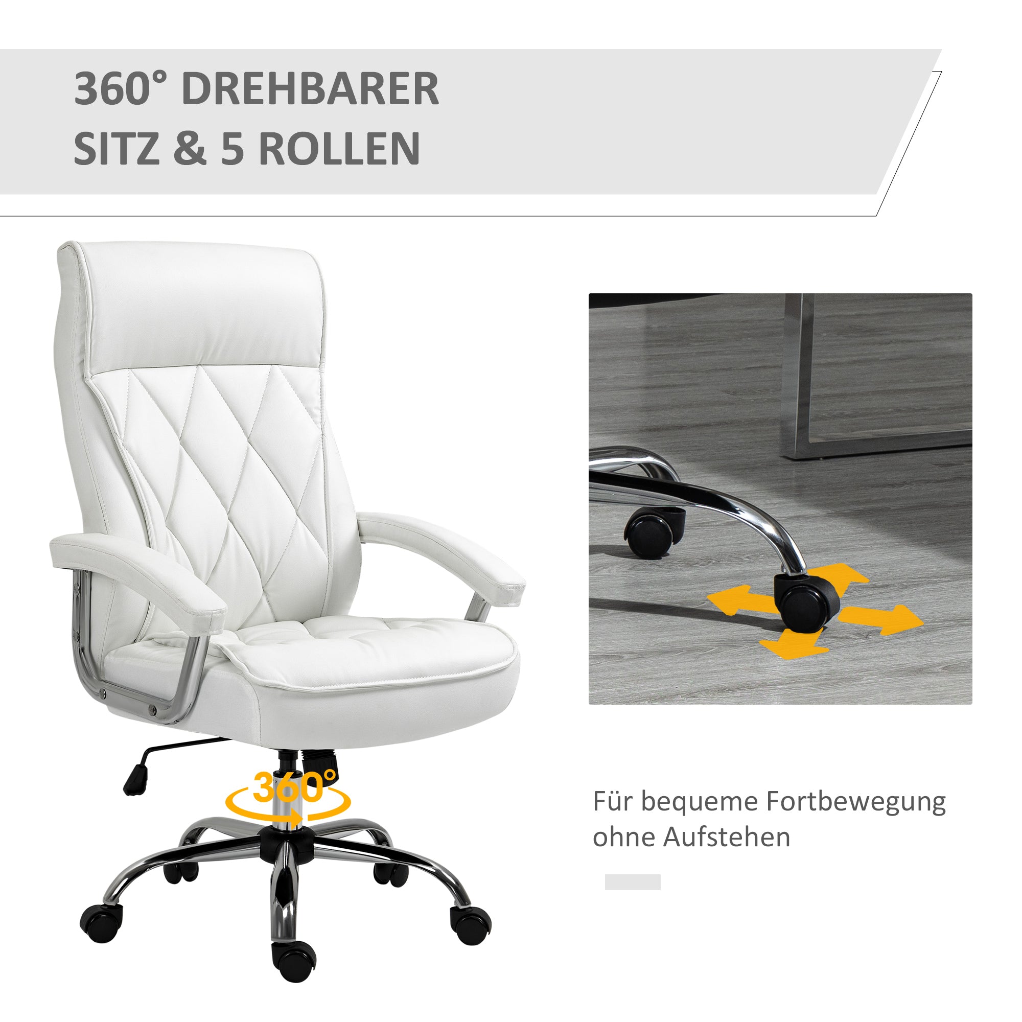 Office Chair, Ergonomic Desk Chair, Adjustable Swivel Chair with Rocking Function, Diamond Pattern, Faux Leather, Padded Executive Chair, White
