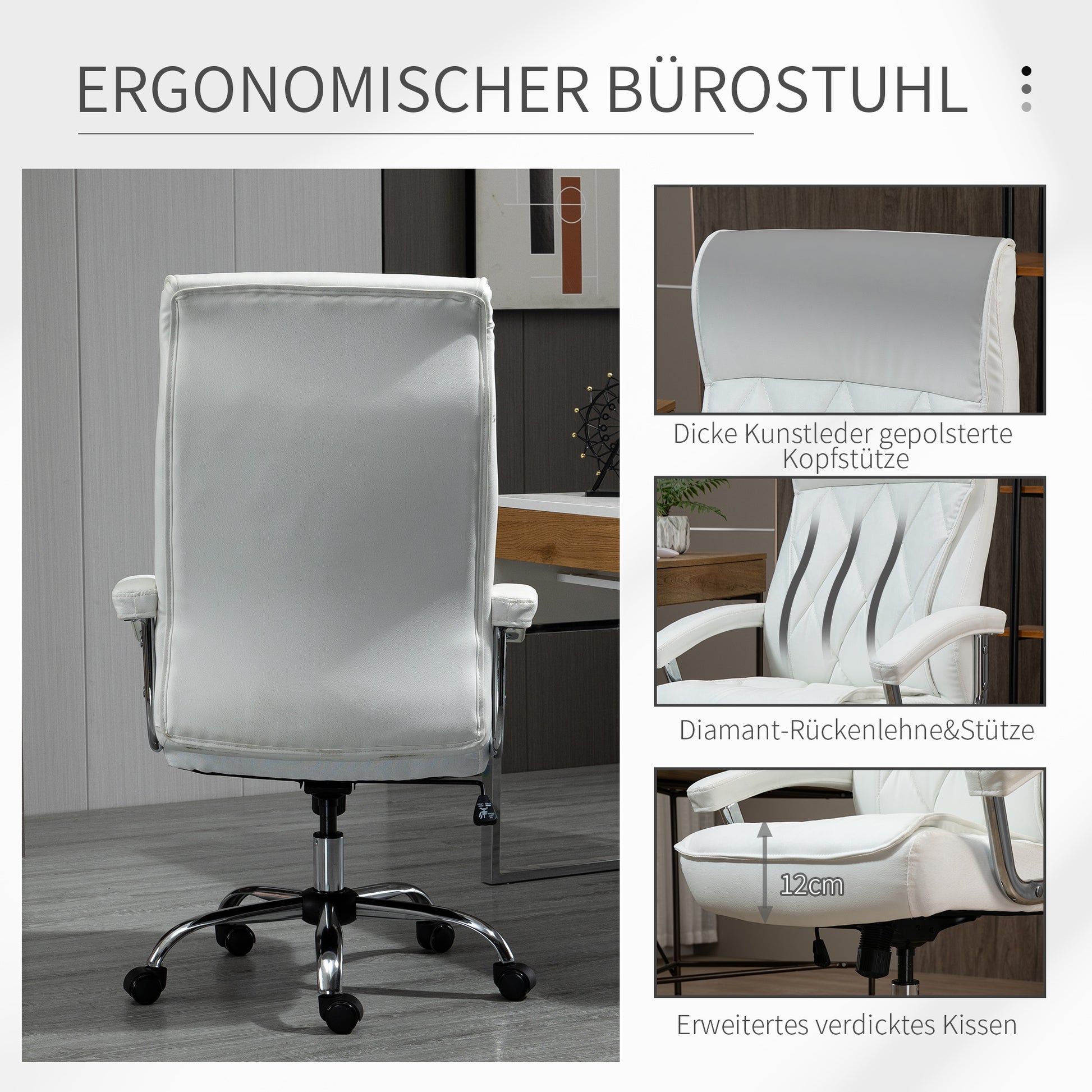 Office Chair, Ergonomic Desk Chair, Adjustable Swivel Chair with Rocking Function, Diamond Pattern, Faux Leather, Padded Executive Chair, White