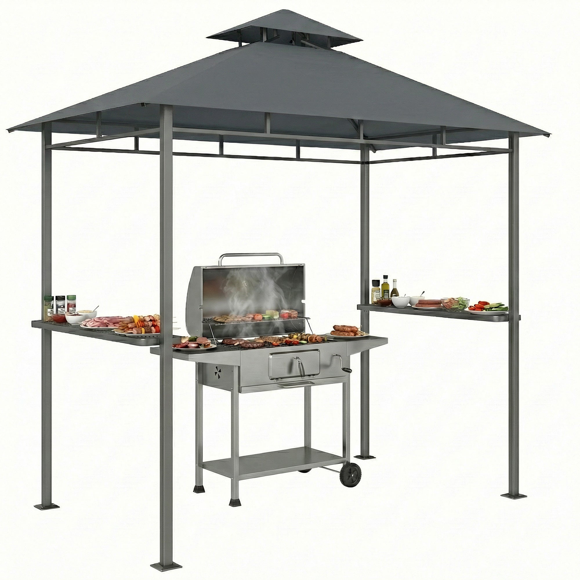 Grill Pavilion 2.4 x 1.4 m — Windproof BBQ Canopy with Double-Roof Vent, Side Shelves, UV-Resistant, Dark Gray