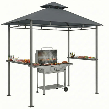 Grill Pavilion 2.4 x 1.4 m — Windproof BBQ Canopy with Double-Roof Vent, Side Shelves, UV-Resistant, Dark Gray