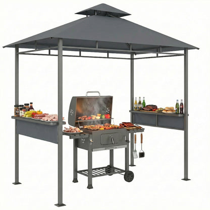 Grill Pavilion 2.4 x 1.4 m — Windproof BBQ Canopy with Double-Roof Vent, Side Shelves, UV-Resistant, Dark Gray