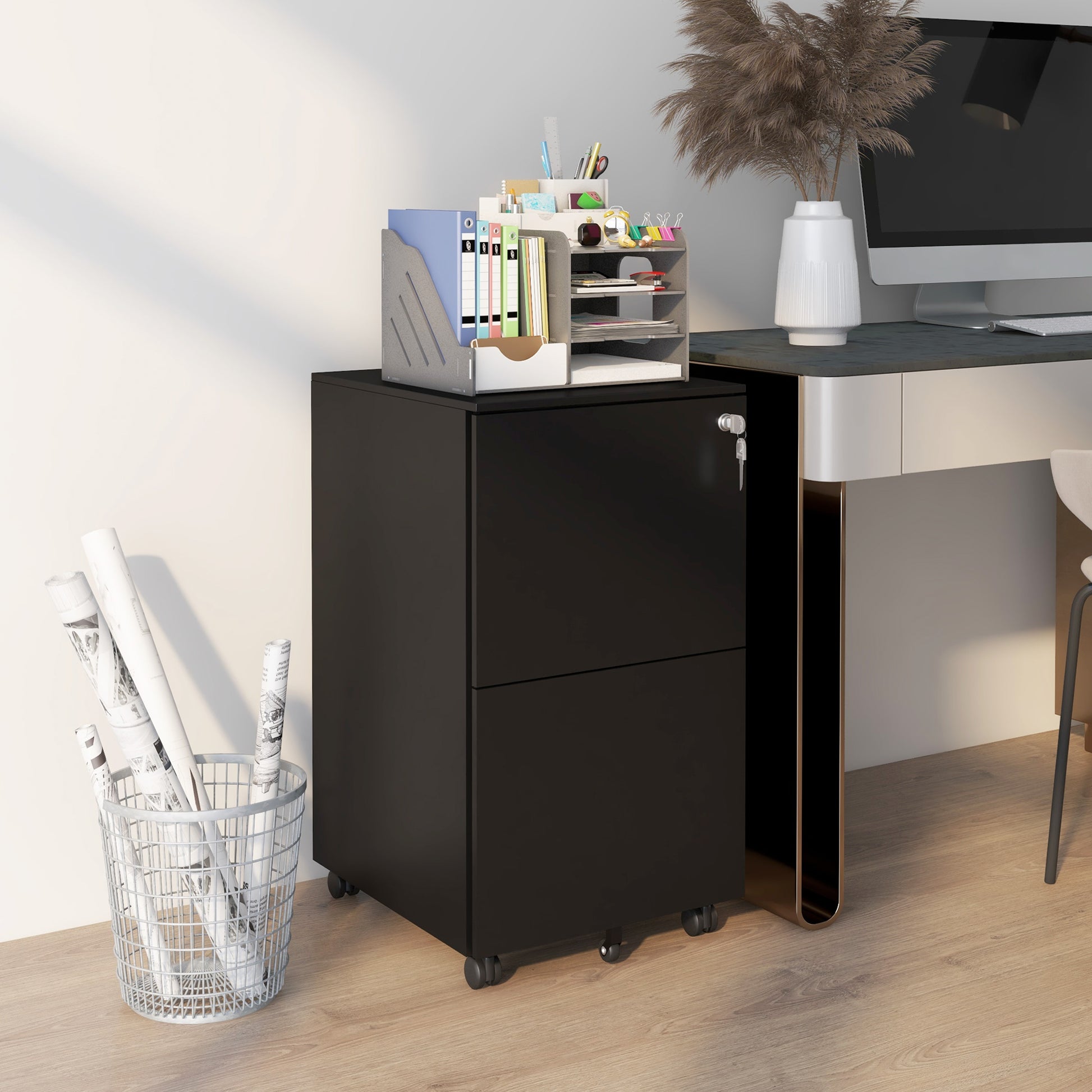 Rolling Cabinet Filing Cabinet with 2 Drawers, Lockable Office Cabinet with Wheels, Office Container for A4 Files, Documents, Steel, 37 x 43.5 x 67.5 cm, Black