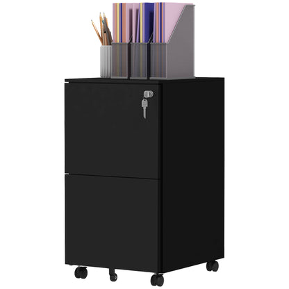 Rolling Cabinet Filing Cabinet with 2 Drawers, Lockable Office Cabinet with Wheels, Office Container for A4 Files, Documents, Steel, 37 x 43.5 x 67.5 cm, Black