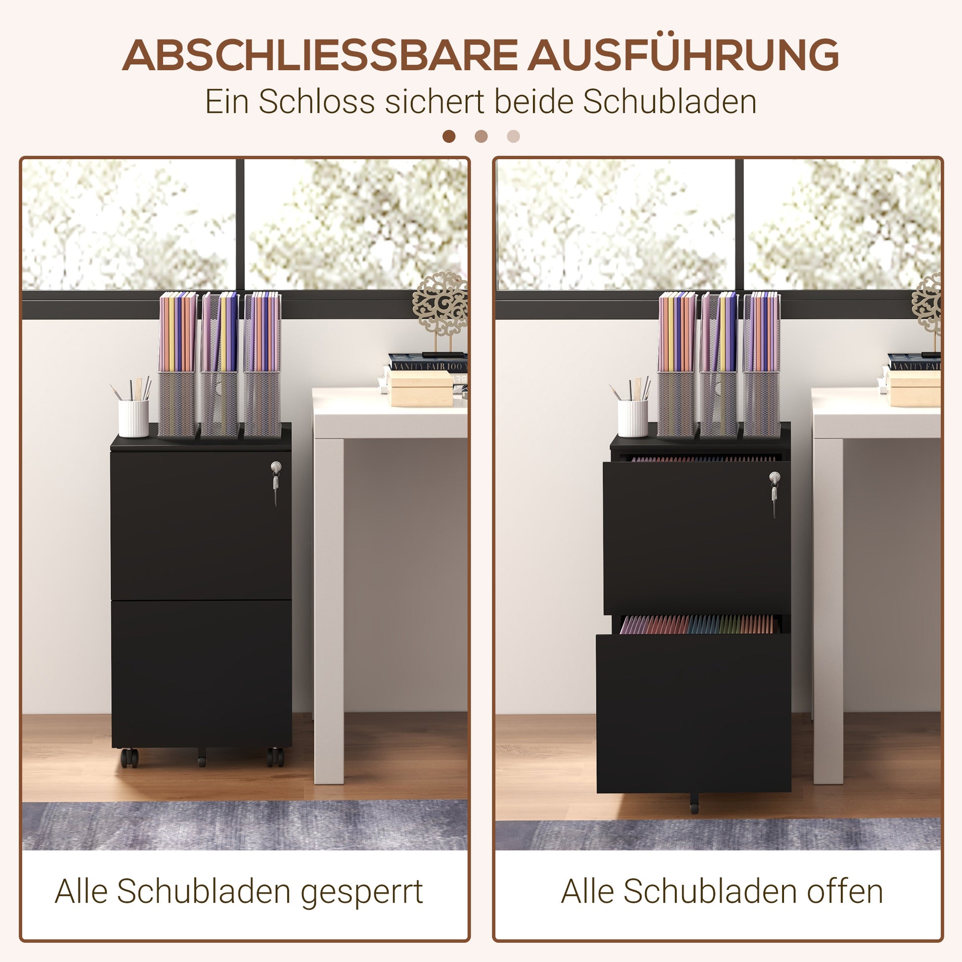 Rolling Cabinet Filing Cabinet with 2 Drawers, Lockable Office Cabinet with Wheels, Office Container for A4 Files, Documents, Steel, 37 x 43.5 x 67.5 cm, Black