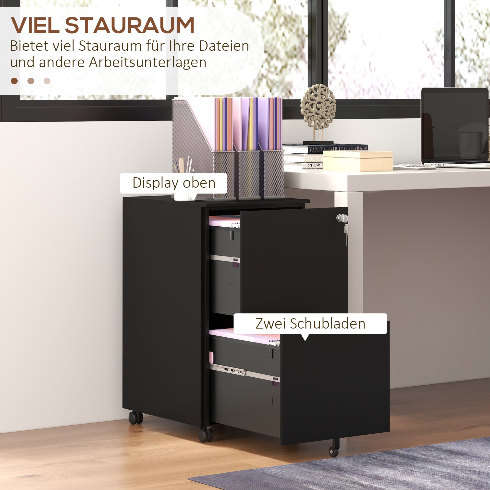 Rolling Cabinet Filing Cabinet with 2 Drawers, Lockable Office Cabinet with Wheels, Office Container for A4 Files, Documents, Steel, 37 x 43.5 x 67.5 cm, Black