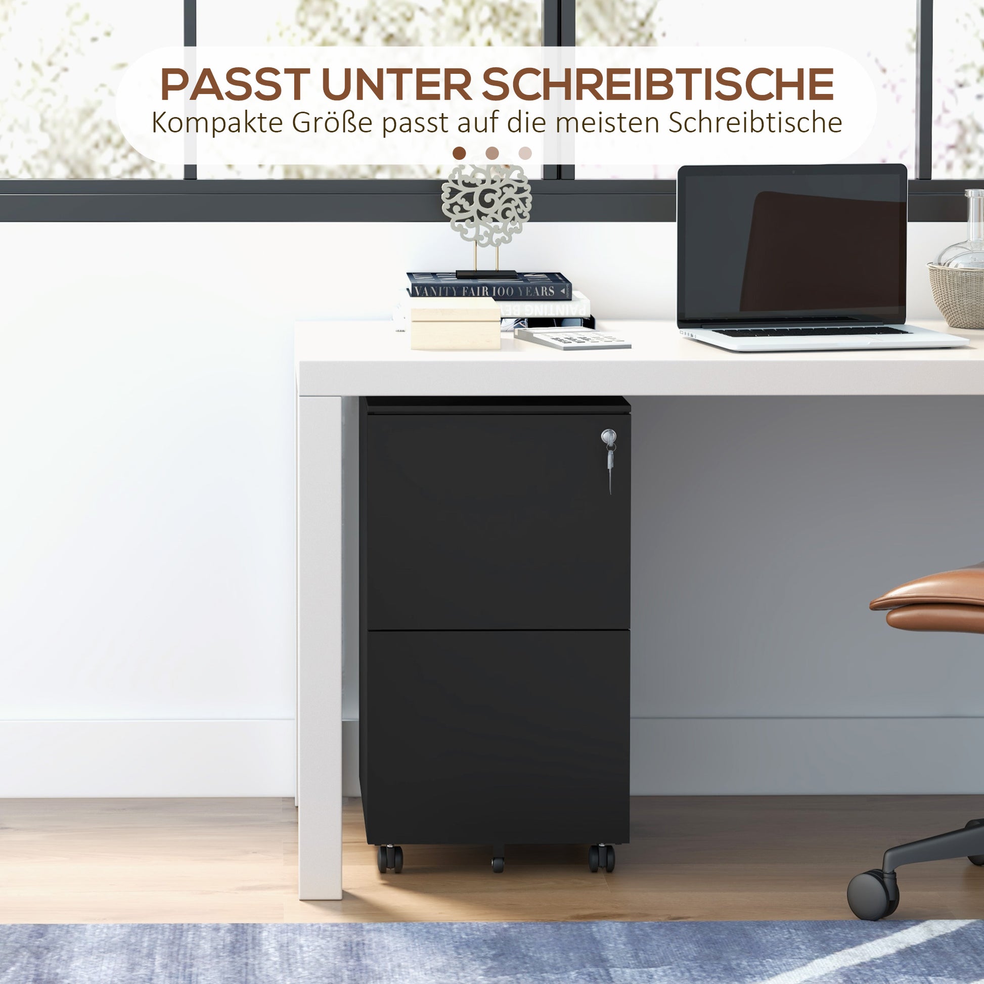 Rolling Cabinet Filing Cabinet with 2 Drawers, Lockable Office Cabinet with Wheels, Office Container for A4 Files, Documents, Steel, 37 x 43.5 x 67.5 cm, Black
