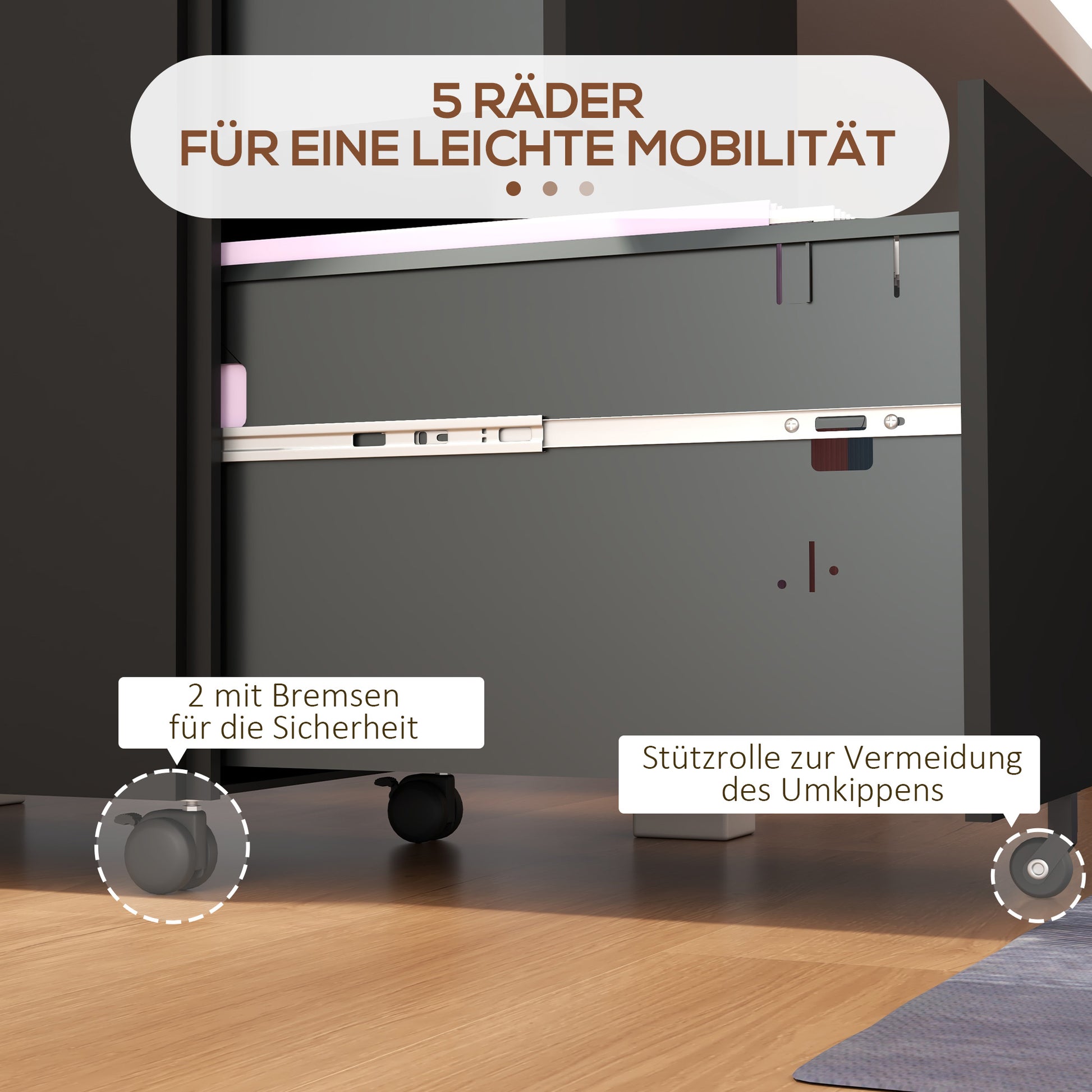 Rolling Cabinet Filing Cabinet with 2 Drawers, Lockable Office Cabinet with Wheels, Office Container for A4 Files, Documents, Steel, 37 x 43.5 x 67.5 cm, Black