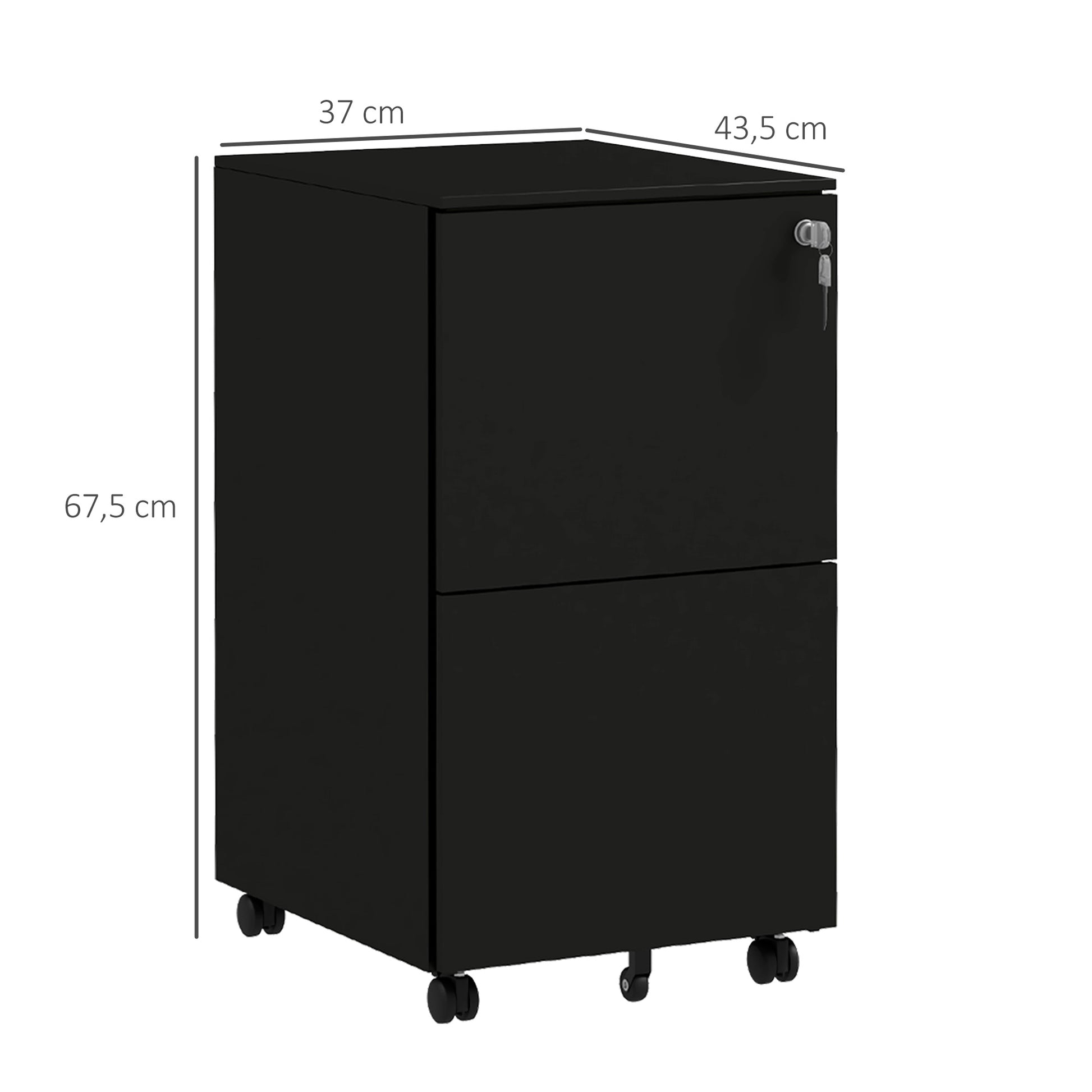 Rolling Cabinet Filing Cabinet with 2 Drawers, Lockable Office Cabinet with Wheels, Office Container for A4 Files, Documents, Steel, 37 x 43.5 x 67.5 cm, Black