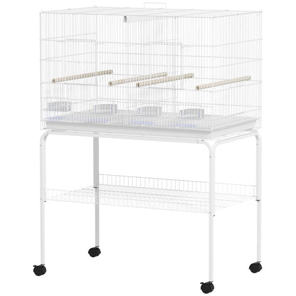 Bird Cage with Divider Bird Aviary with Wheels 4 Feeders 4 Perches and Removable Tray Cage for Parrots Canaries Budgies 94x57x128 cm White
