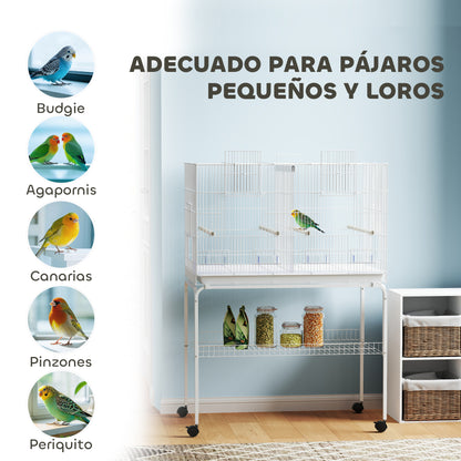 Bird Cage with Divider Bird Aviary with Wheels 4 Feeders 4 Perches and Removable Tray Cage for Parrots Canaries Budgies 94x57x128 cm White
