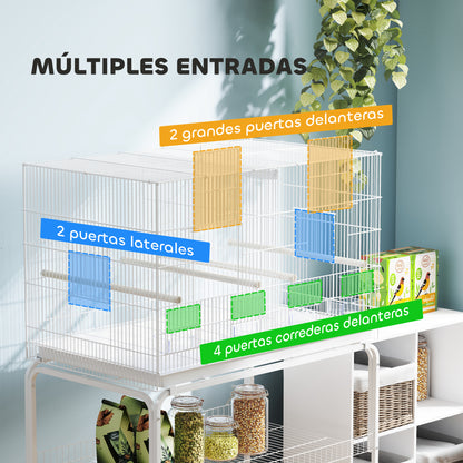 Bird Cage with Divider Bird Aviary with Wheels 4 Feeders 4 Perches and Removable Tray Cage for Parrots Canaries Budgies 94x57x128 cm White