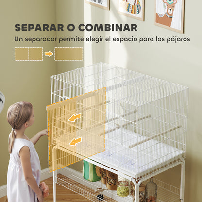 Bird Cage with Divider Bird Aviary with Wheels 4 Feeders 4 Perches and Removable Tray Cage for Parrots Canaries Budgies 94x57x128 cm White