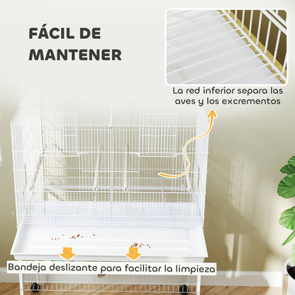 Bird Cage with Divider Bird Aviary with Wheels 4 Feeders 4 Perches and Removable Tray Cage for Parrots Canaries Budgies 94x57x128 cm White