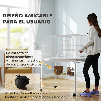 Bird Cage with Divider Bird Aviary with Wheels 4 Feeders 4 Perches and Removable Tray Cage for Parrots Canaries Budgies 94x57x128 cm White