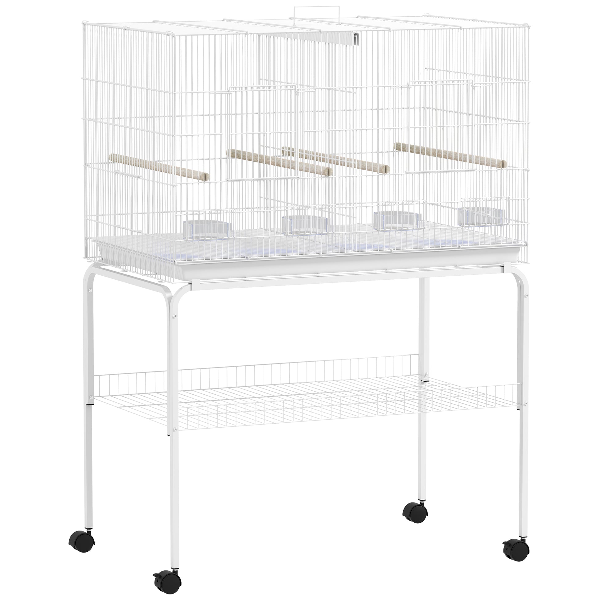 Bird Cage with Divider Bird Aviary with Wheels 4 Feeders 4 Perches and Removable Tray Cage for Parrots Canaries Budgies 94x57x128 cm White