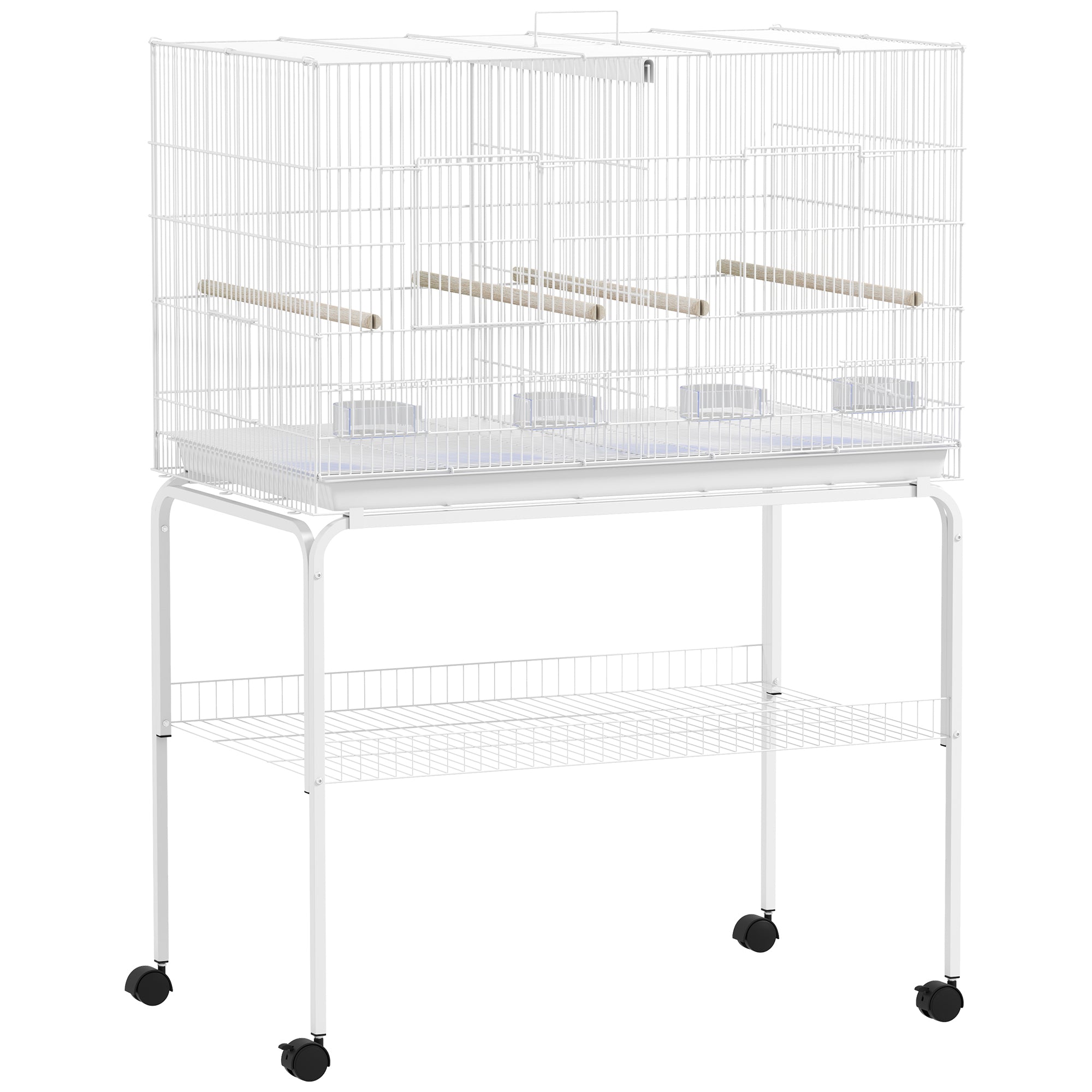 Bird Cage with Divider Bird Aviary with Wheels 4 Feeders 4 Perches and Removable Tray Cage for Parrots Canaries Budgies 94x57x128 cm White