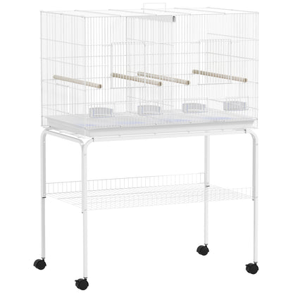 Bird Cage with Divider Bird Aviary with Wheels 4 Feeders 4 Perches and Removable Tray Cage for Parrots Canaries Budgies 94x57x128 cm White