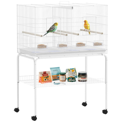 Bird Cage with Divider Bird Aviary with Wheels 4 Feeders 4 Perches and Removable Tray Cage for Parrots Canaries Budgies 94x57x128 cm White