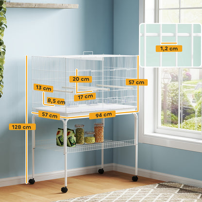 Bird Cage with Divider Bird Aviary with Wheels 4 Feeders 4 Perches and Removable Tray Cage for Parrots Canaries Budgies 94x57x128 cm White
