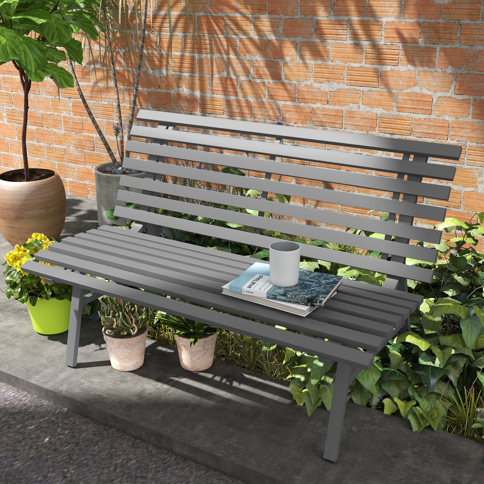 2-Seater Aluminum Garden Bench, Weatherproof Bench, UV-Resistant Garden Furniture with Louver Design, Park Bench 240kg Capacity, Balcony Bench for Balcony Terrace, Garden, 123x67x79cm, Gray