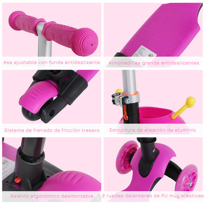 3-in-1 Scooter for Children 18+ Months 3-Wheel Scooter with Removable Seat Adjustable Height Push Handle 62x25x72.5 cm Pink