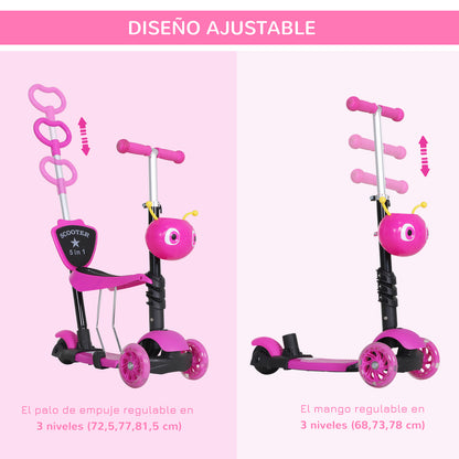 3-in-1 Scooter for Children 18+ Months 3-Wheel Scooter with Removable Seat Adjustable Height Push Handle 62x25x72.5 cm Pink