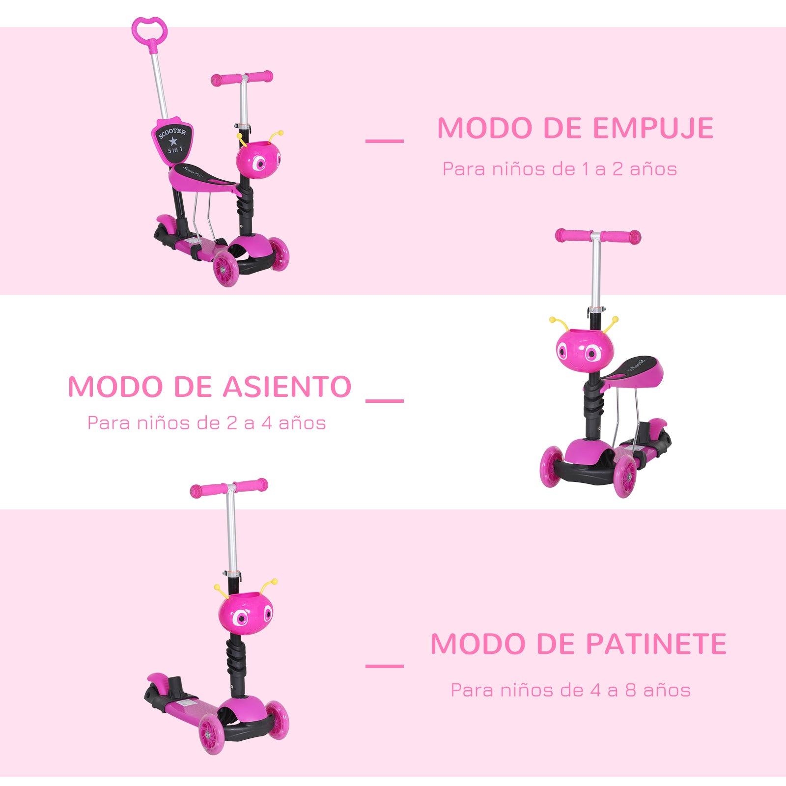 3-in-1 Scooter for Children 18+ Months 3-Wheel Scooter with Removable Seat Adjustable Height Push Handle 62x25x72.5 cm Pink
