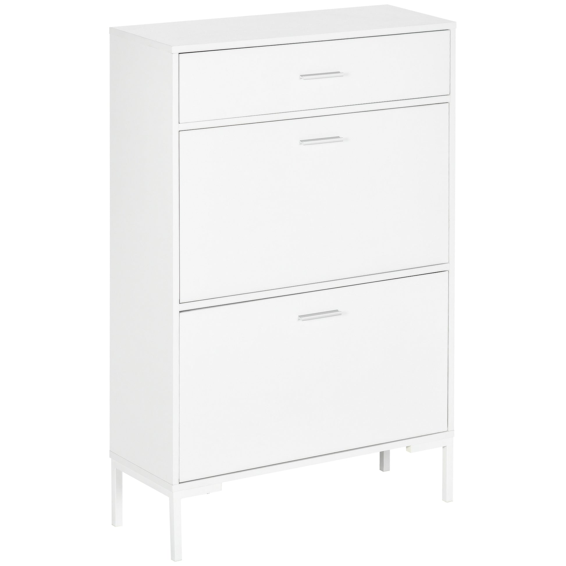 Mobile Shoe Rack, Modern Shoe Cabinet for 12 Pairs of Shoes with 2 Fold-down Doors and Drawer, made of Particleboard, MDF and Metal, 75x26x110 cm, White