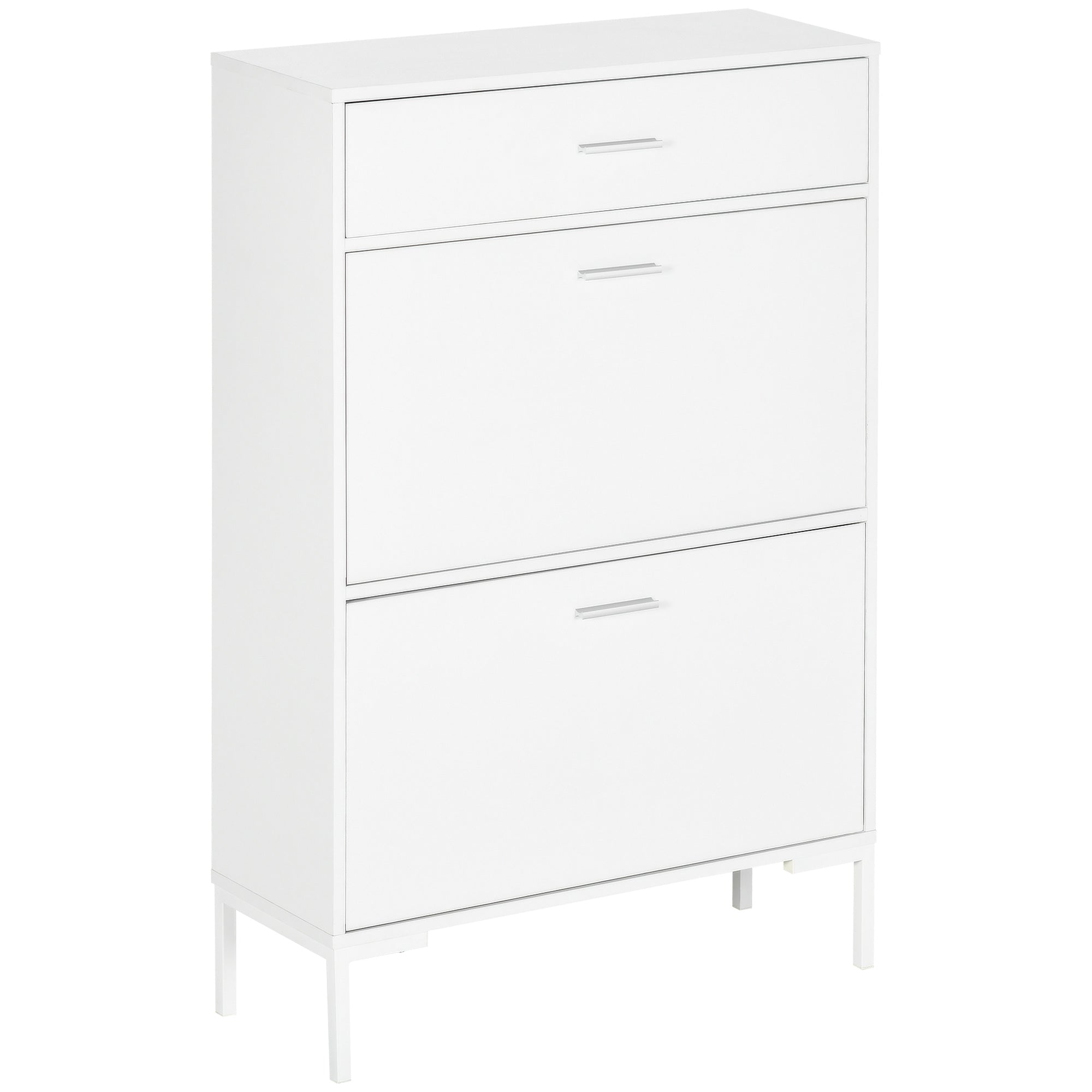 Mobile Shoe Rack, Modern Shoe Cabinet for 12 Pairs of Shoes with 2 Fold-down Doors and Drawer, made of Particleboard, MDF and Metal, 75x26x110 cm, White