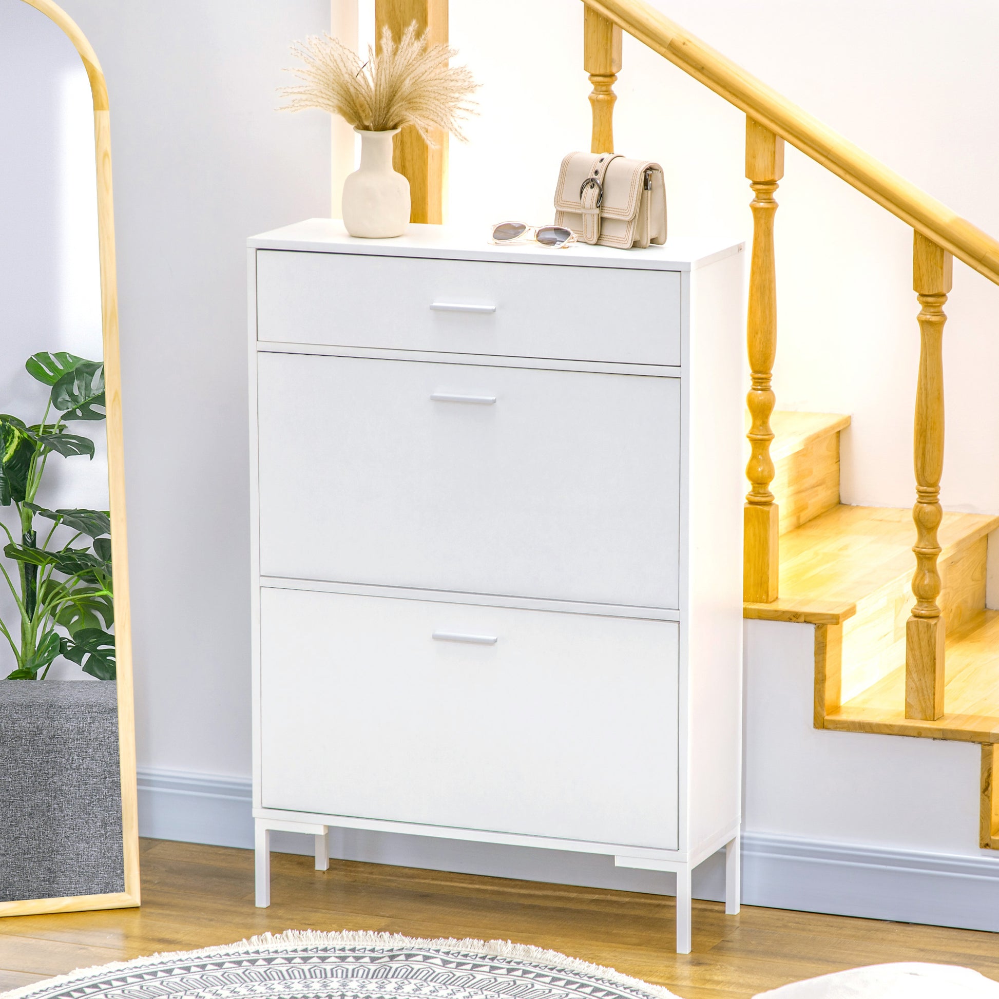 Mobile Shoe Rack, Modern Shoe Cabinet for 12 Pairs of Shoes with 2 Fold-down Doors and Drawer, made of Particleboard, MDF and Metal, 75x26x110 cm, White