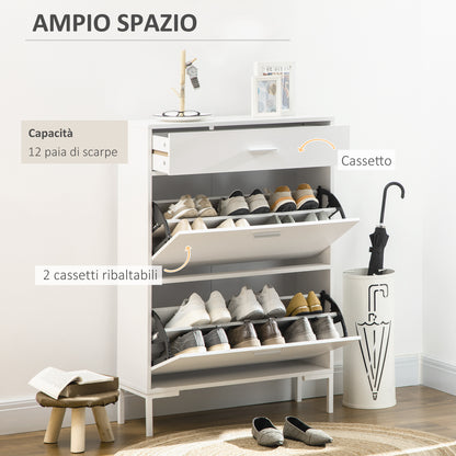 Mobile Shoe Rack, Modern Shoe Cabinet for 12 Pairs of Shoes with 2 Fold-down Doors and Drawer, made of Particleboard, MDF and Metal, 75x26x110 cm, White