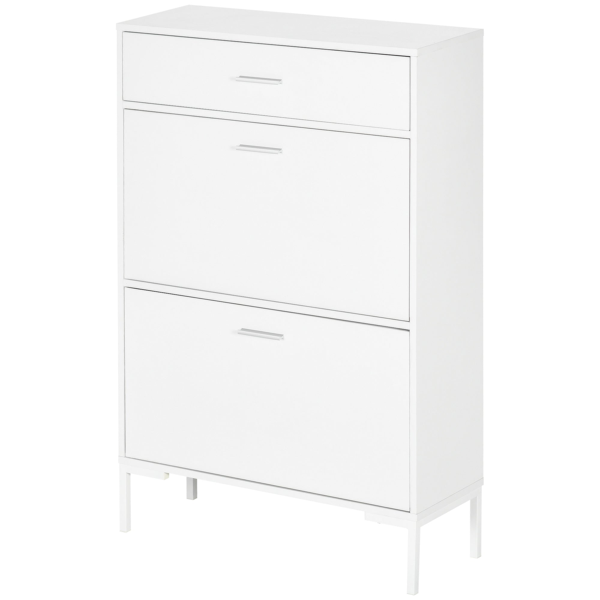 Mobile Shoe Rack, Modern Shoe Cabinet for 12 Pairs of Shoes with 2 Fold-down Doors and Drawer, made of Particleboard, MDF and Metal, 75x26x110 cm, White
