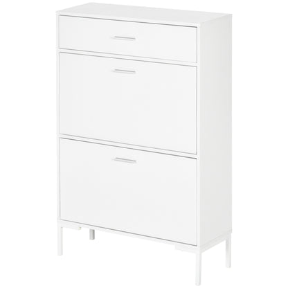 Mobile Shoe Rack, Modern Shoe Cabinet for 12 Pairs of Shoes with 2 Fold-down Doors and Drawer, made of Particleboard, MDF and Metal, 75x26x110 cm, White