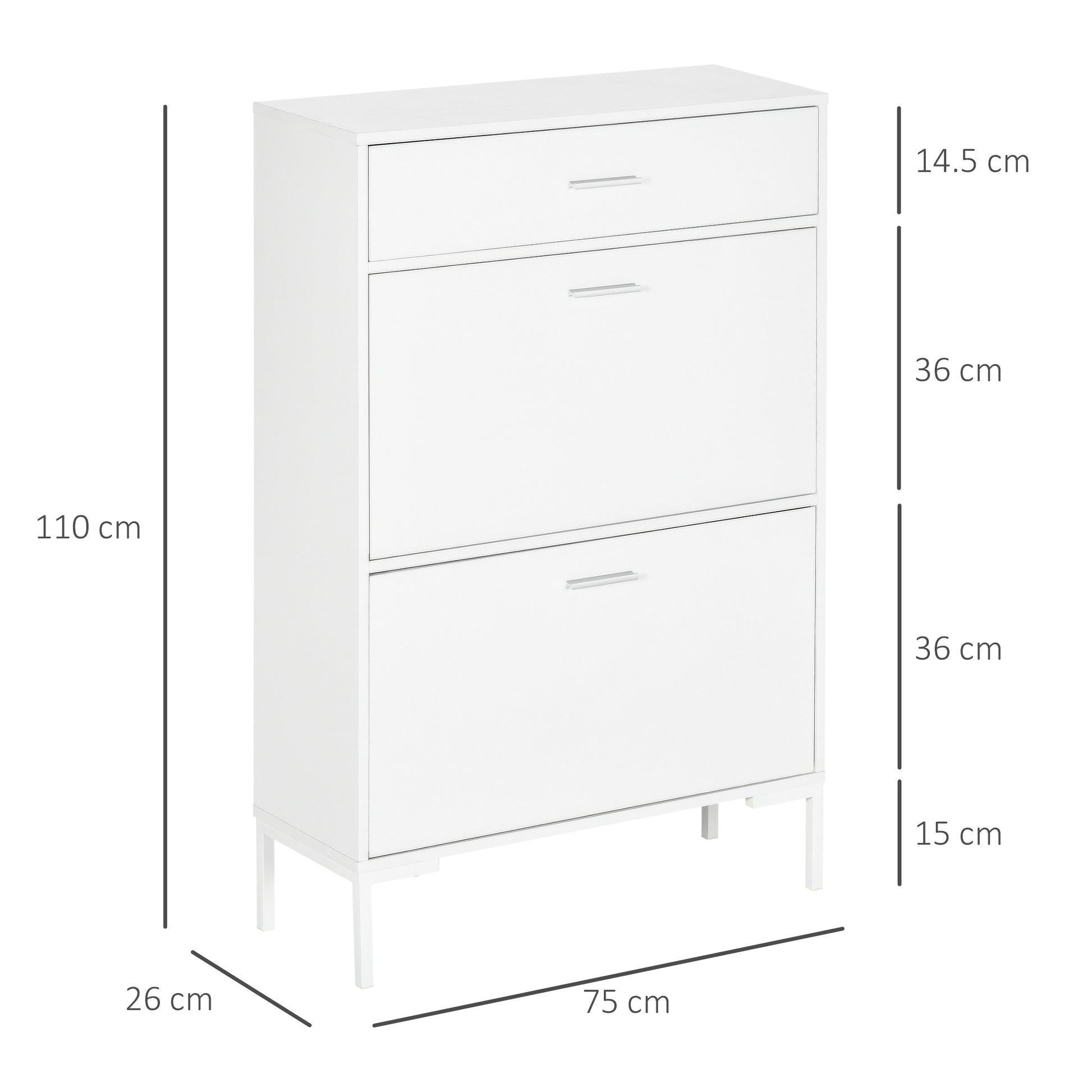 Mobile Shoe Rack, Modern Shoe Cabinet for 12 Pairs of Shoes with 2 Fold-down Doors and Drawer, made of Particleboard, MDF and Metal, 75x26x110 cm, White