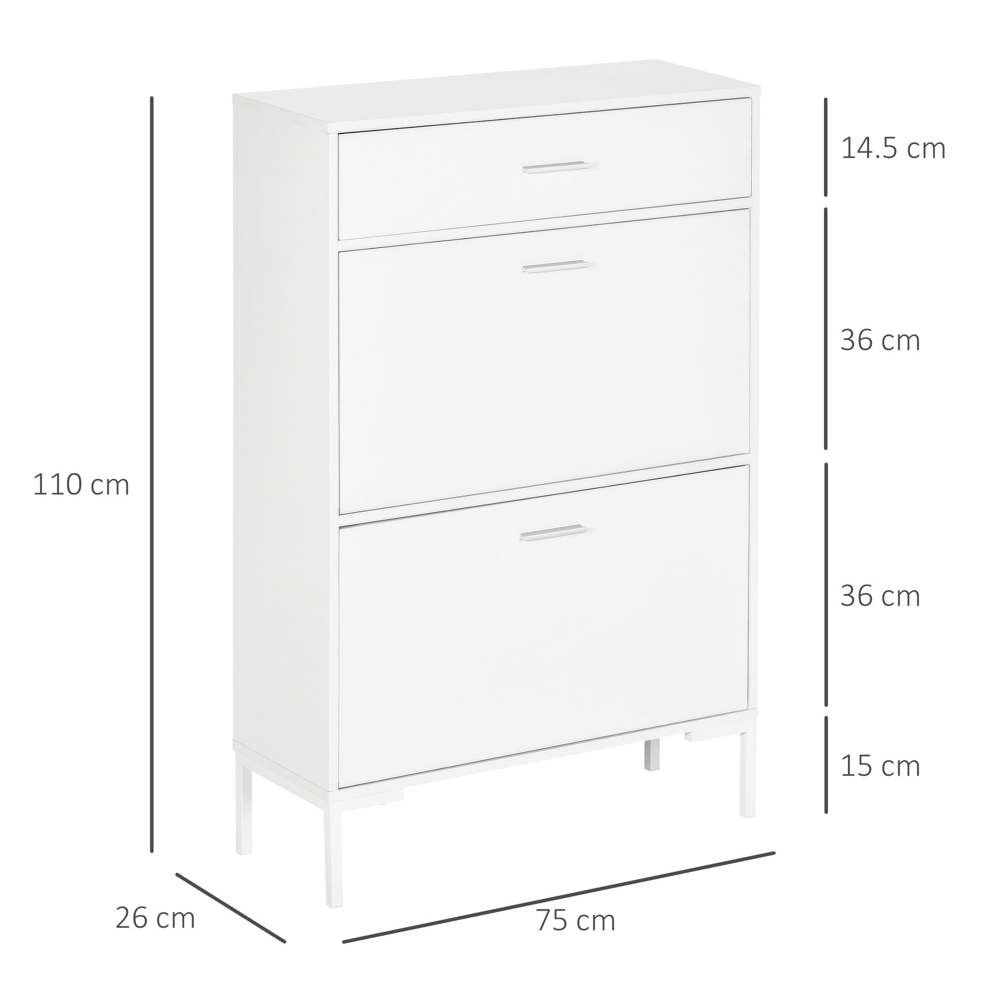 Mobile Shoe Rack, Modern Shoe Cabinet for 12 Pairs of Shoes with 2 Fold-down Doors and Drawer, made of Particleboard, MDF and Metal, 75x26x110 cm, White