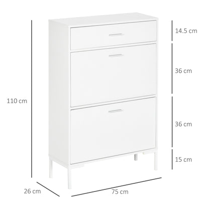 Mobile Shoe Rack, Modern Shoe Cabinet for 12 Pairs of Shoes with 2 Fold-down Doors and Drawer, made of Particleboard, MDF and Metal, 75x26x110 cm, White