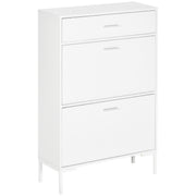 Mobile Shoe Rack, Modern Shoe Cabinet for 12 Pairs of Shoes with 2 Fold-down Doors and Drawer, made of Particleboard, MDF and Metal, 75x26x110 cm, White