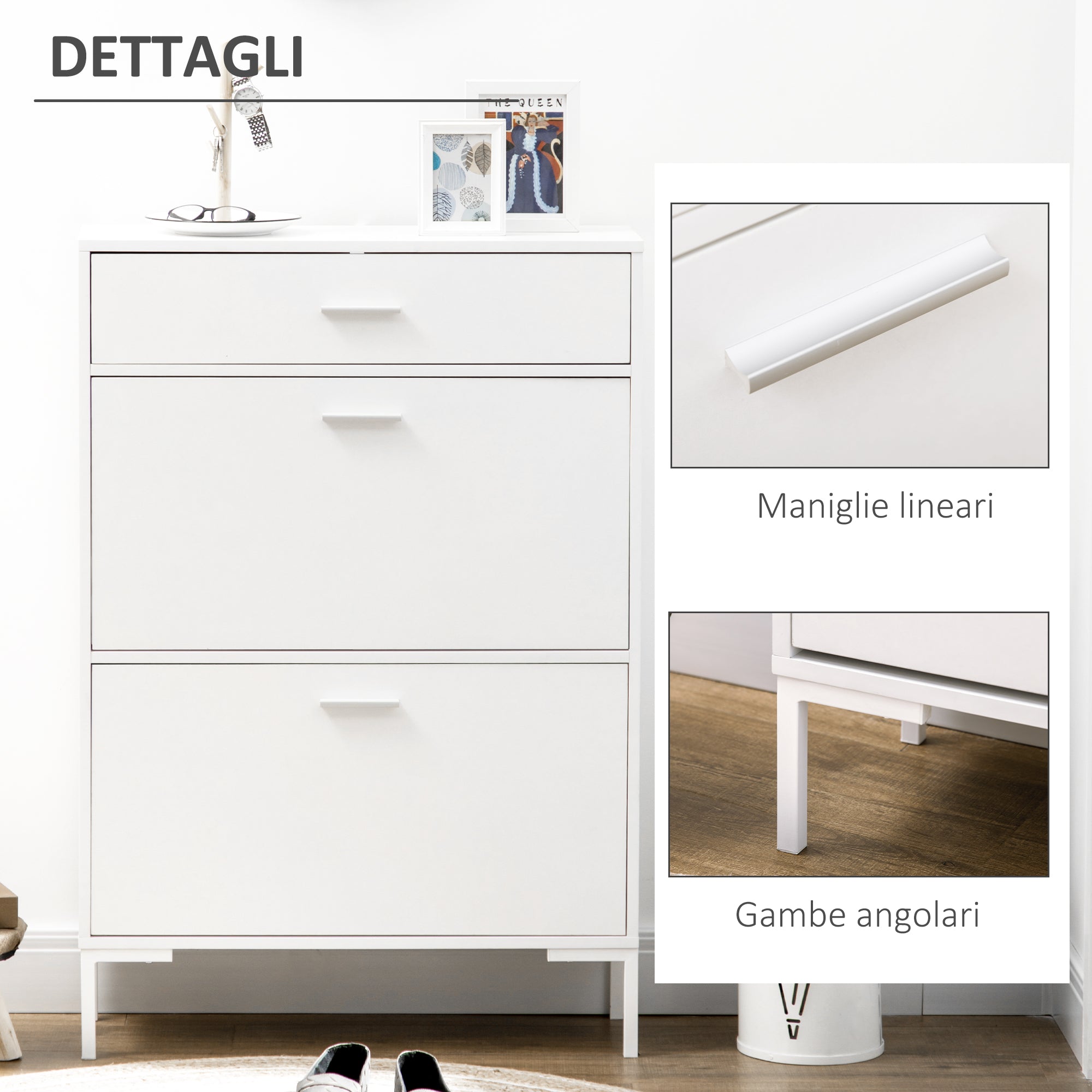 Mobile Shoe Rack, Modern Shoe Cabinet for 12 Pairs of Shoes with 2 Fold-down Doors and Drawer, made of Particleboard, MDF and Metal, 75x26x110 cm, White