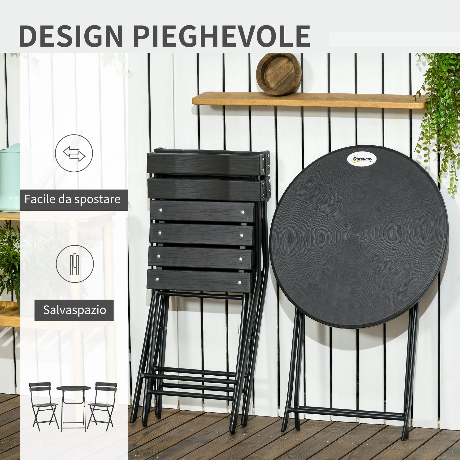 3-Piece Garden Set with 2 Foldable Chairs and Table in Steel and HDPE for Balcony and Terrace, Dark Gray