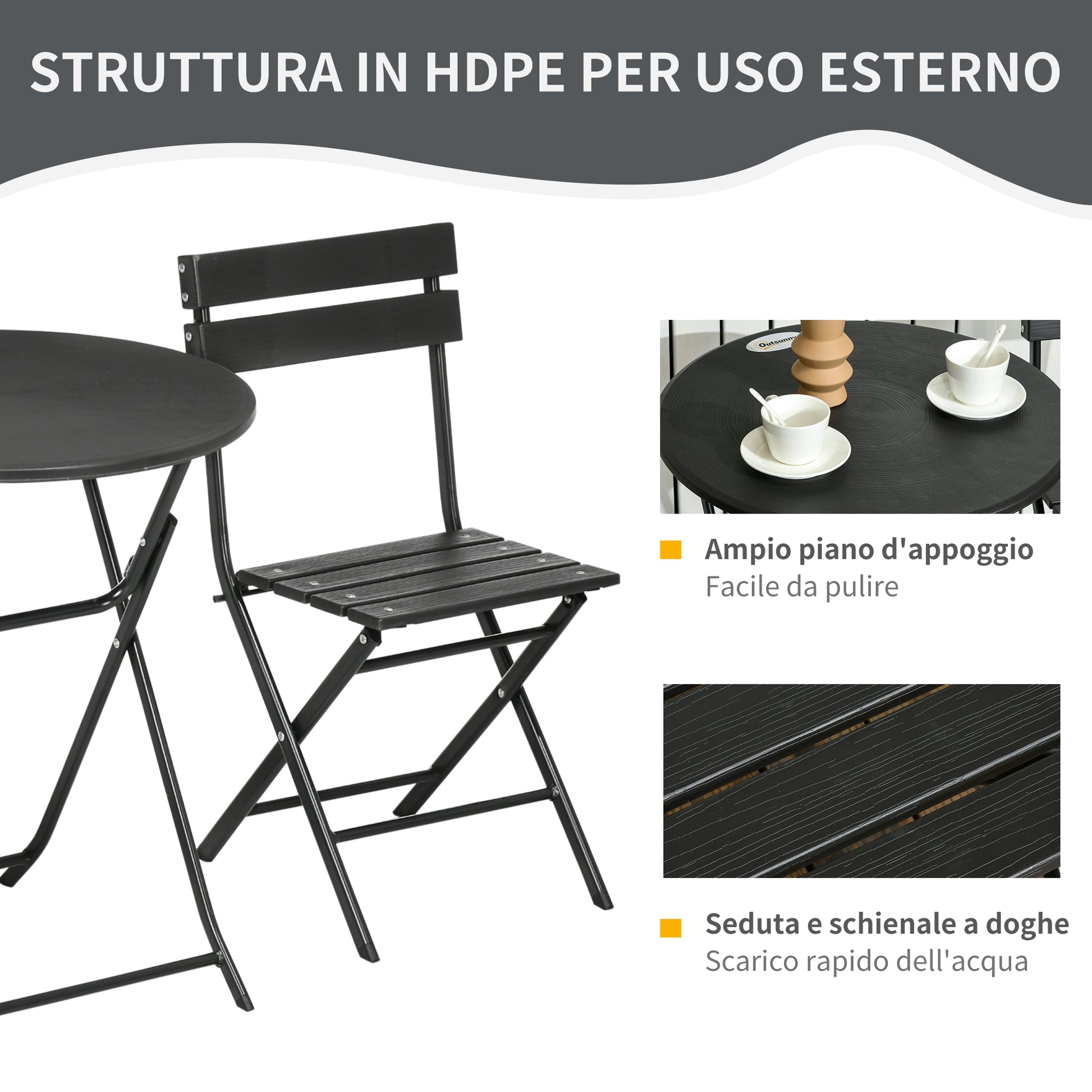 3-Piece Garden Set with 2 Foldable Chairs and Table in Steel and HDPE for Balcony and Terrace, Dark Gray