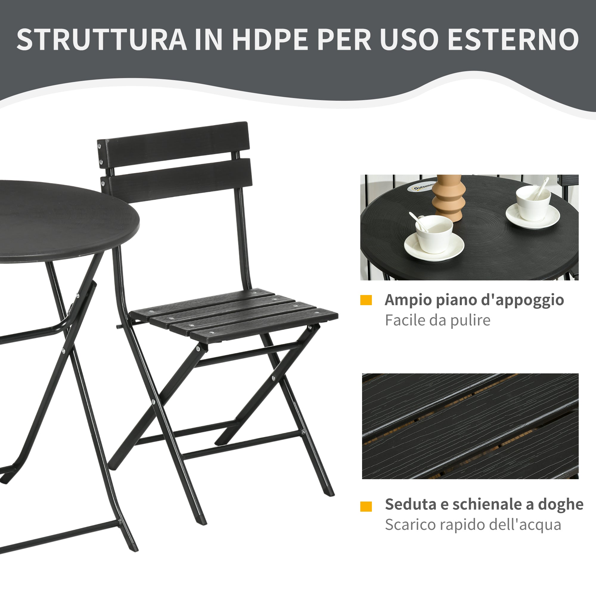 3-Piece Garden Set with 2 Foldable Chairs and Table in Steel and HDPE for Balcony and Terrace, Dark Gray