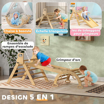 5 in 1 Climbing Triangle Arch for Children with Climbing Triangle, Reversible Climbing Ramp, Slide, Rocker, Max Load 50 kg, for Babies 18 to 48 Months, Natural Wood