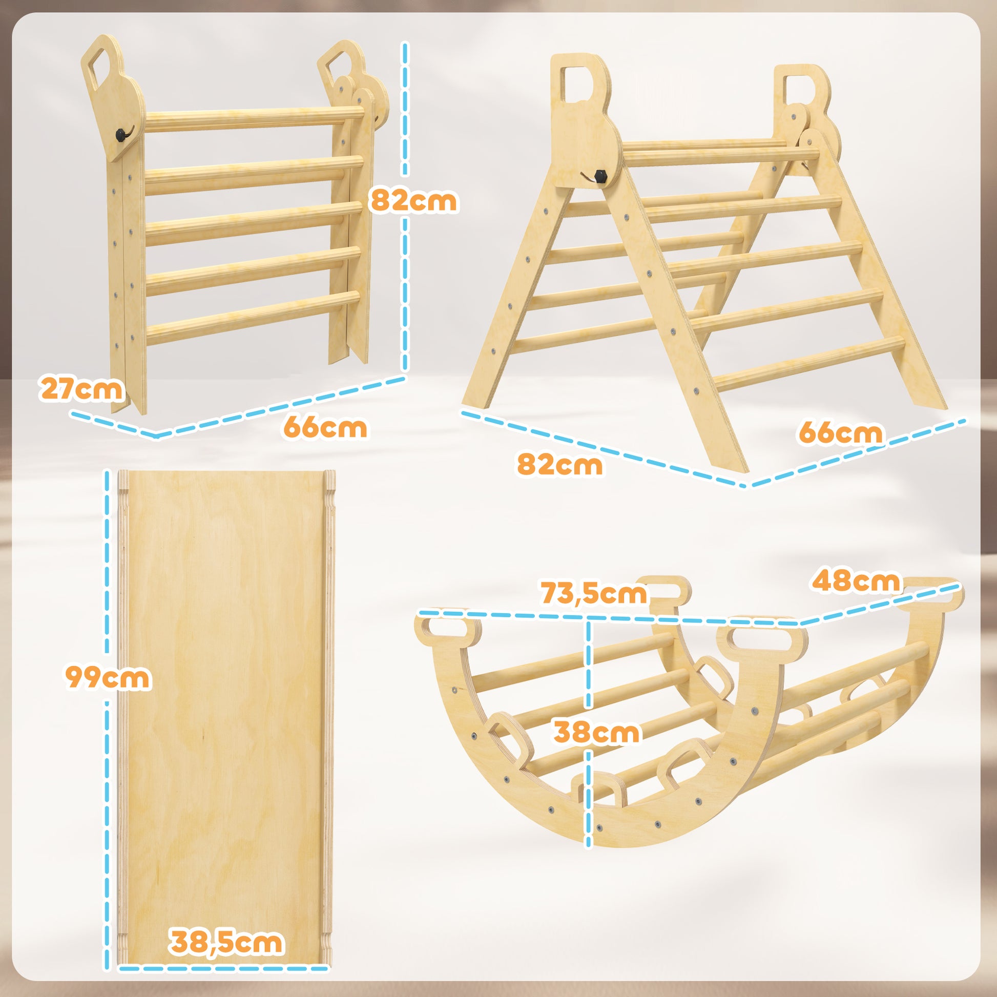 5 in 1 Climbing Triangle Arch for Children with Climbing Triangle, Reversible Climbing Ramp, Slide, Rocker, Max Load 50 kg, for Babies 18 to 48 Months, Natural Wood