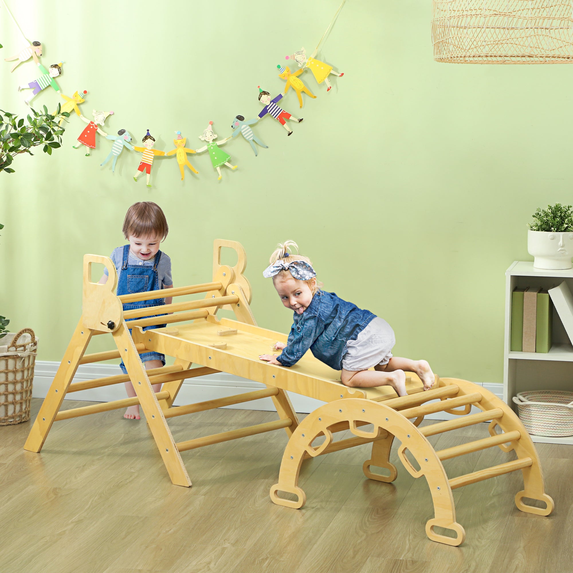 5 in 1 Climbing Triangle Arch for Children with Climbing Triangle, Reversible Climbing Ramp, Slide, Rocker, Max Load 50 kg, for Babies 18 to 48 Months, Natural Wood